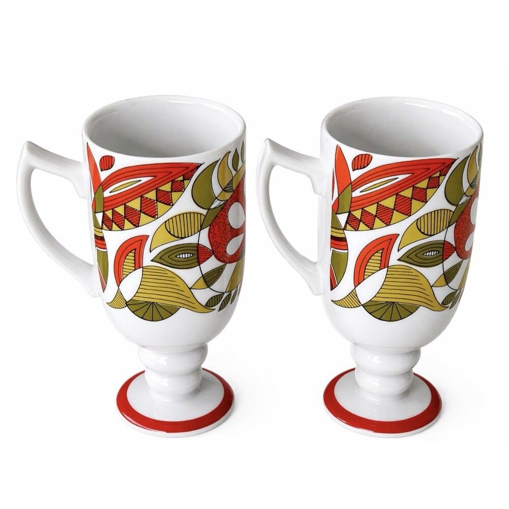 2 Royal Crown Arnart Tina 3803 MCM Abstract Footed Mugs Orange Green Red